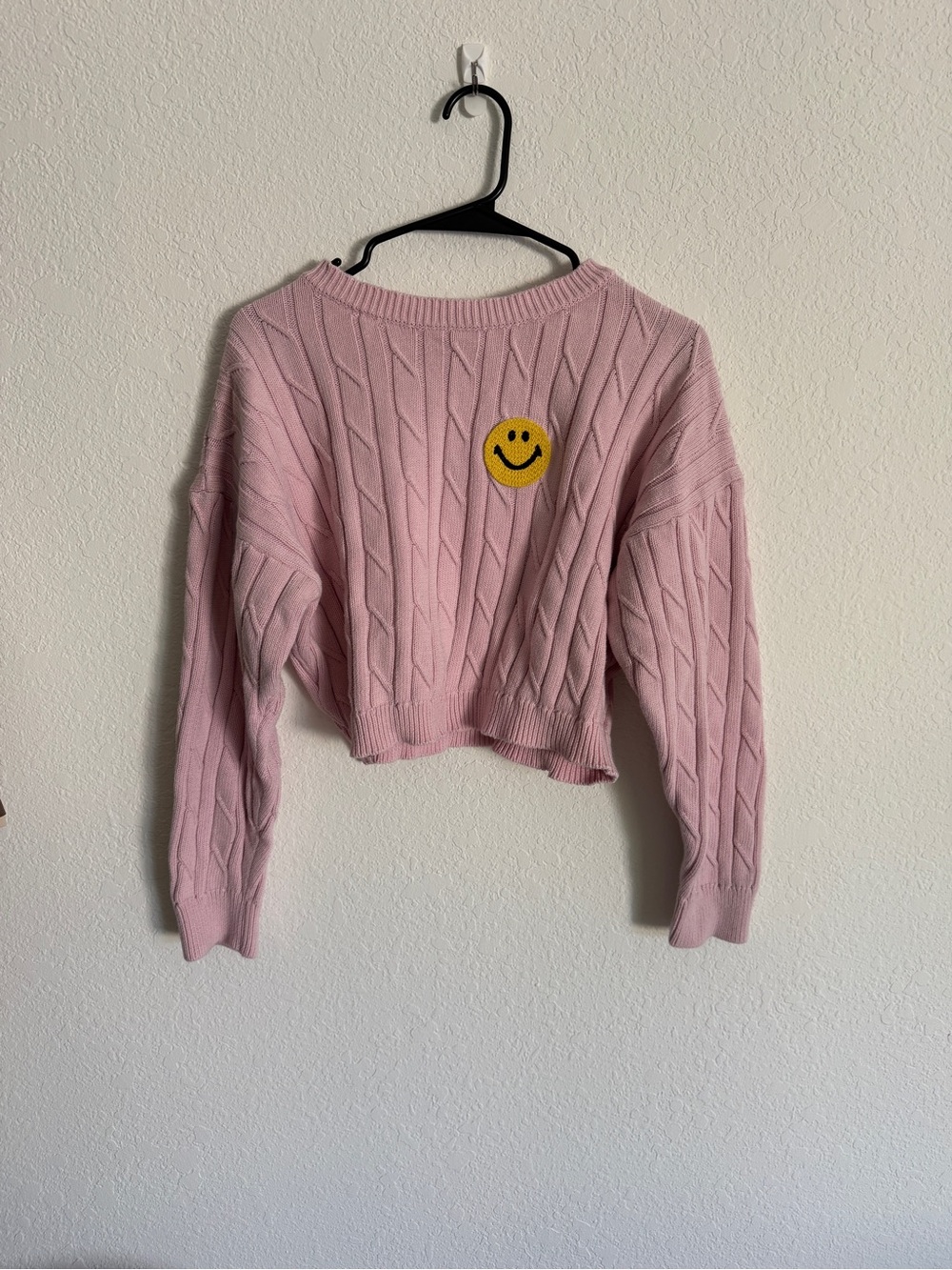 Pink Cable Knit Cropped Crewneck Sweater with Smiley Patch
